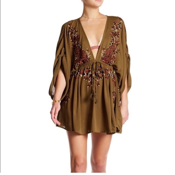 NWT Free People Pretty Pineapple Embroidered Dress S Brown Floral Boho V Neck - Picture 5 of 16